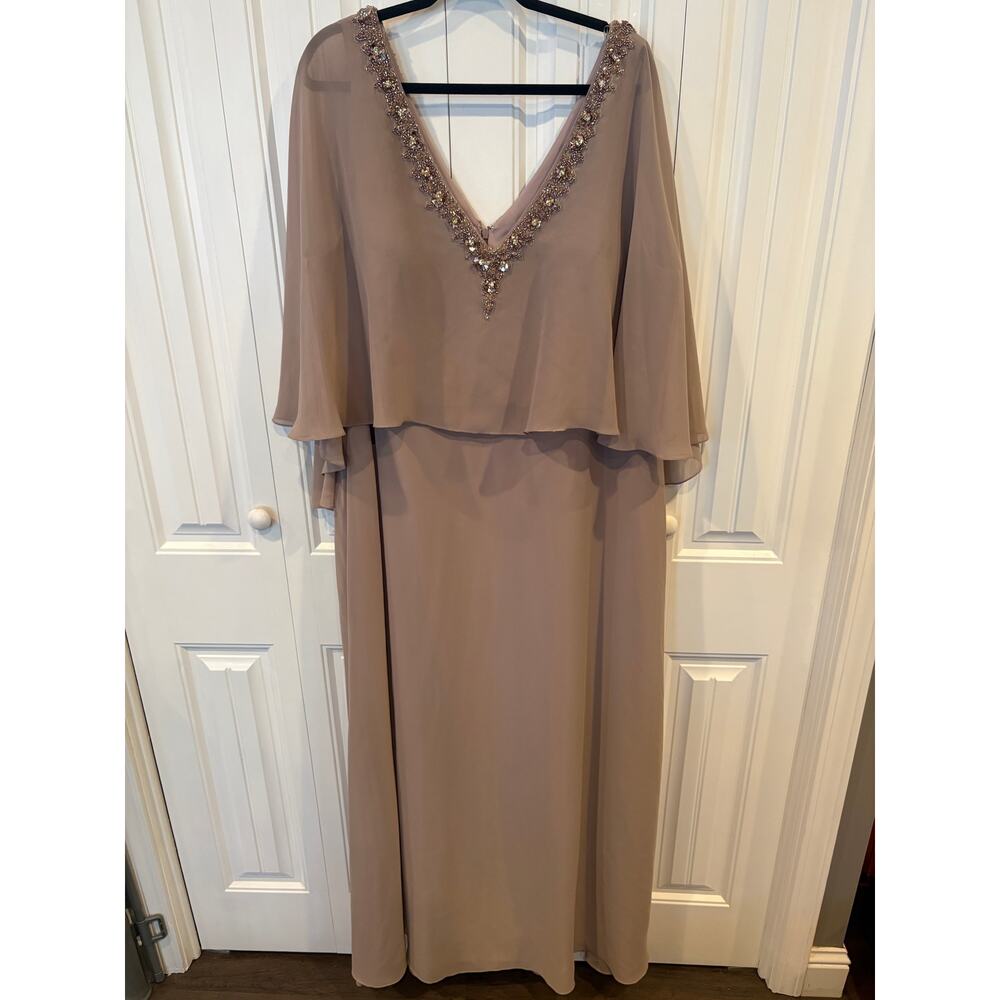 Madeline Gardner Tan Embellished Cape Formal Maxi Gown Size 22
